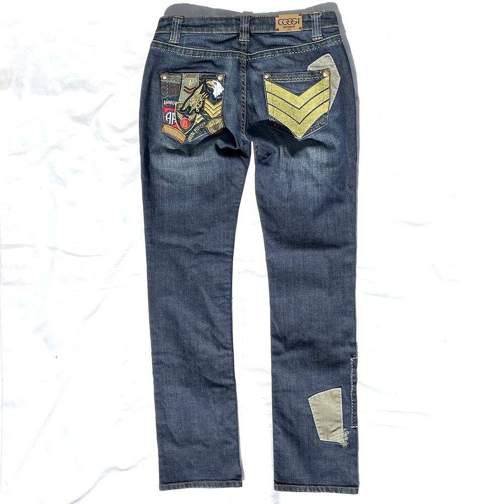 Coogi Embroidered Military Patch Straight Leg Blue Jeans Womens 5/6 Low Rise 5 6